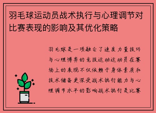 羽毛球运动员战术执行与心理调节对比赛表现的影响及其优化策略