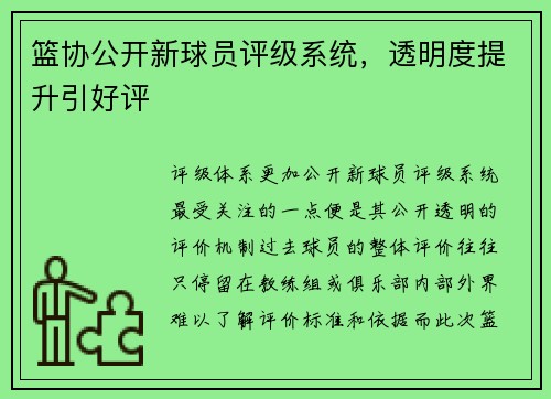 篮协公开新球员评级系统，透明度提升引好评